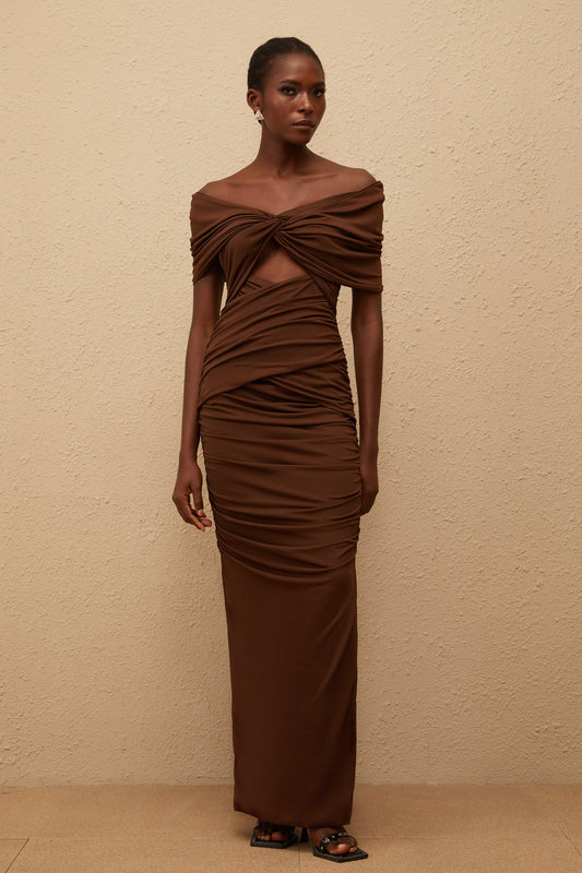 Liliane Brown Ruched Knit Maxi Dress