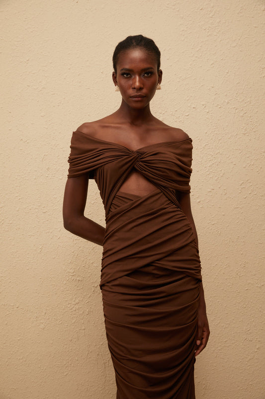 Liliane Brown Ruched Knit Maxi Dress