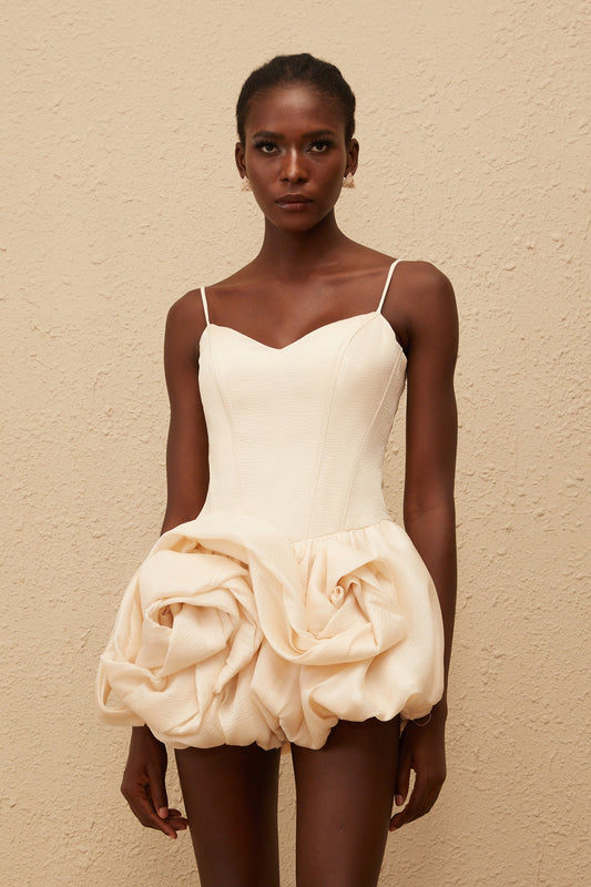 Melanie Neutral 3D Petal Bubble Mini Dress