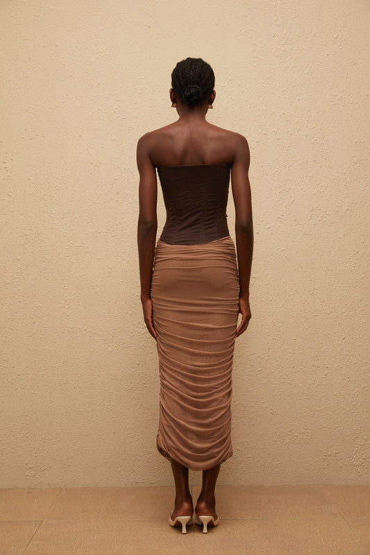 Paisley Brown Panelled Draped Mesh Midi Dress