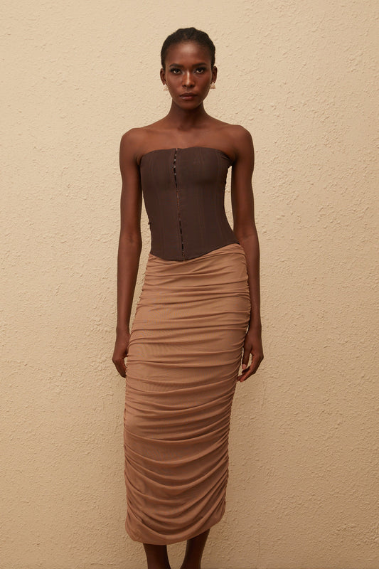 Paisley Brown Panelled Draped Mesh Midi Dress