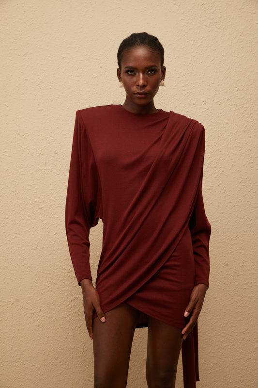 Garance Maroon Asymmetrical Knit Mini Dress