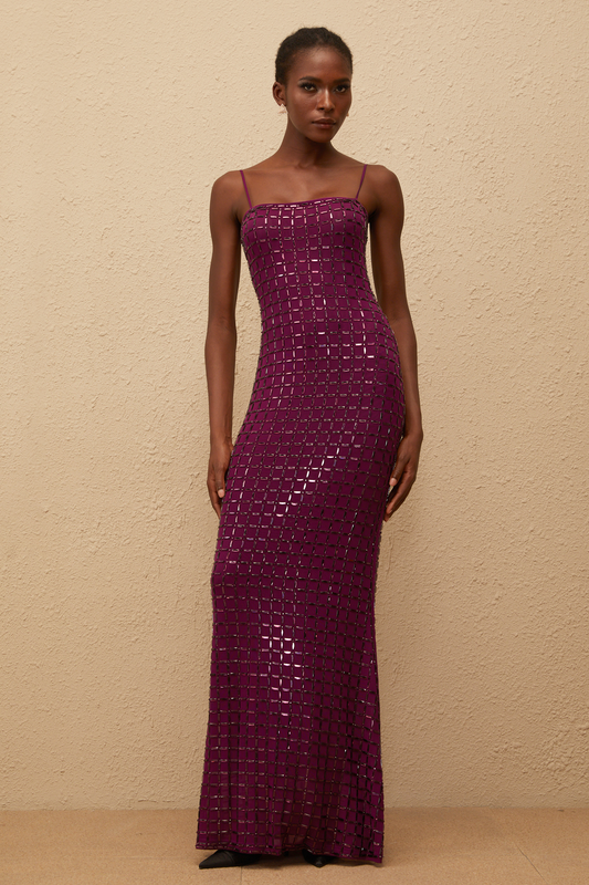 Térébenthine Purple Rhinestone Mesh Maxi Dress