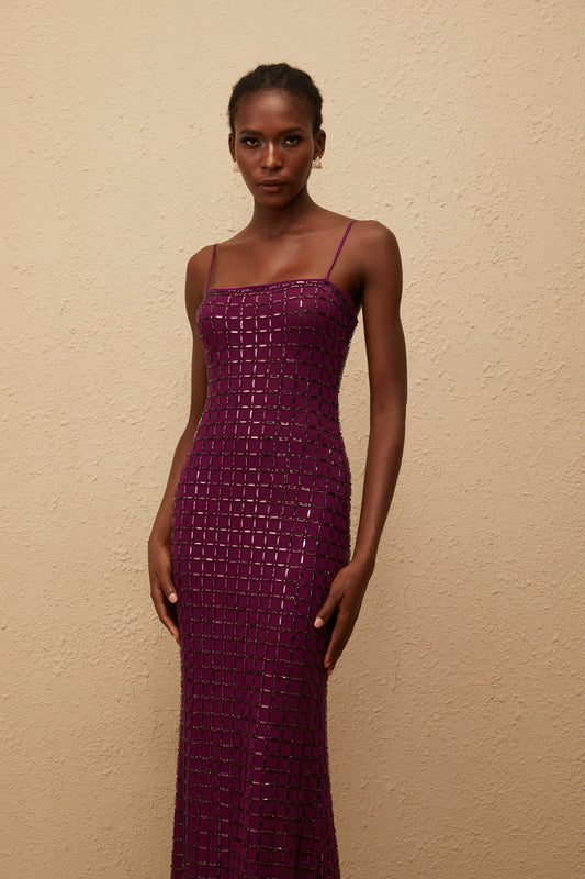 Térébenthine Purple Rhinestone Mesh Maxi Dress