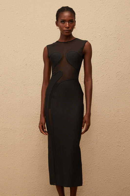 Cyrielle Black Mesh Panel Knit Maxi Dress