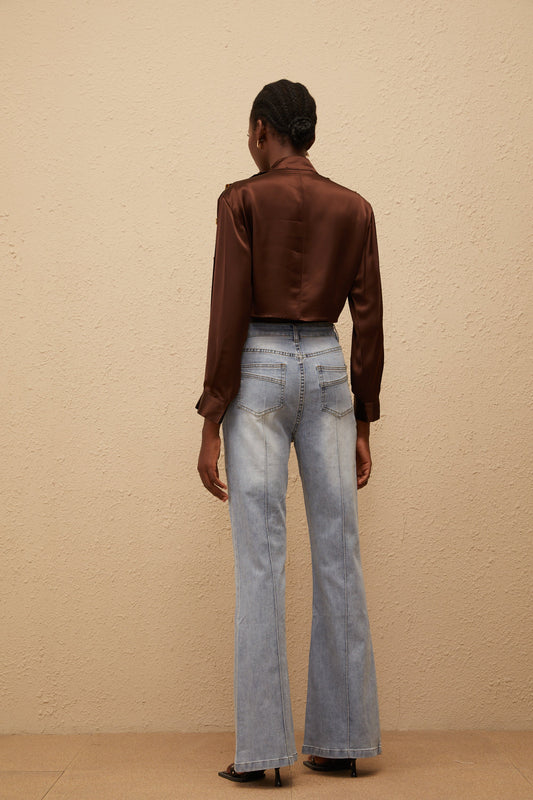 Josette Brown Satin Crop Shirt with Tie Detail