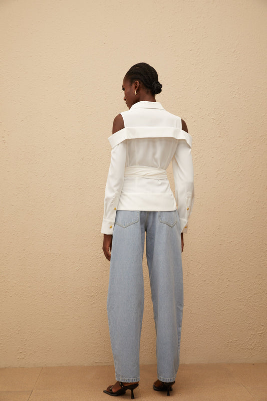 Valérie White Cold Shoulder Self Tie Shirt