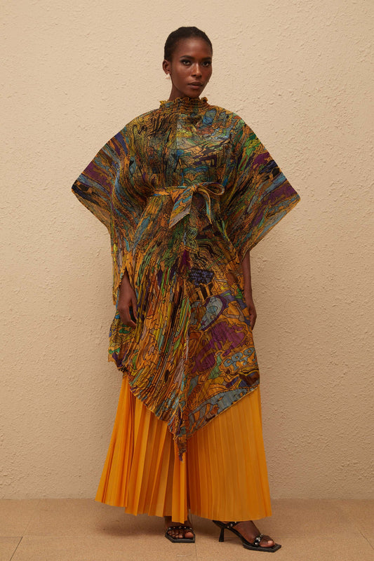 Mélodie Orange Pattern Print Pleated Blouse & Trousers Set