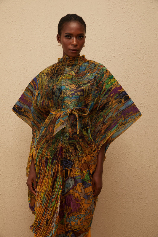 Mélodie Orange Pattern Print Pleated Blouse & Trousers Set