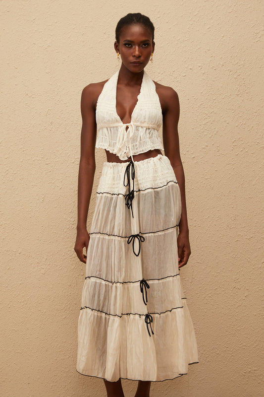 Aveline Cream White Bowknot Shirred Top & Skirt Set
