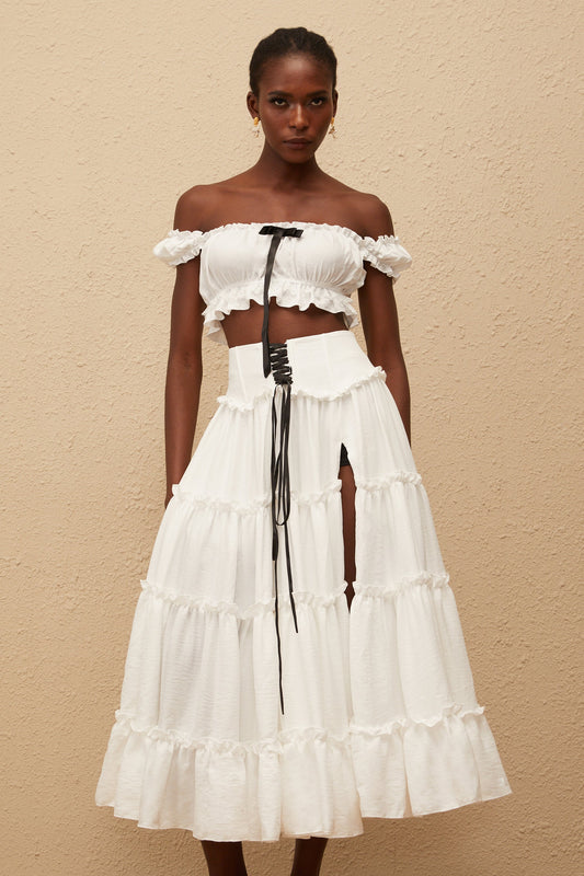 Théoline White Ruffled Trim Shirred Top & Skirt Set