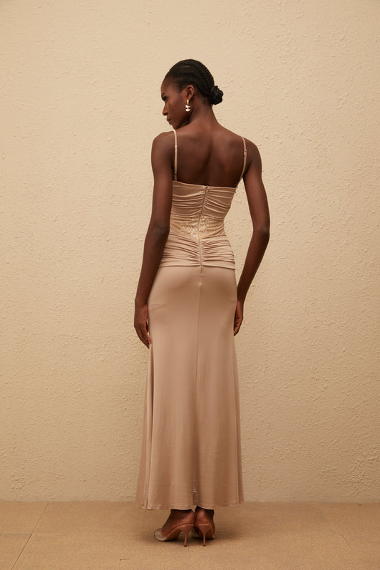 Nevaeh Khaki Twisted Lace Panel Maxi Dress