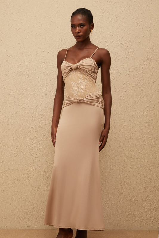 Nevaeh Khaki Twisted Lace Panel Maxi Dress