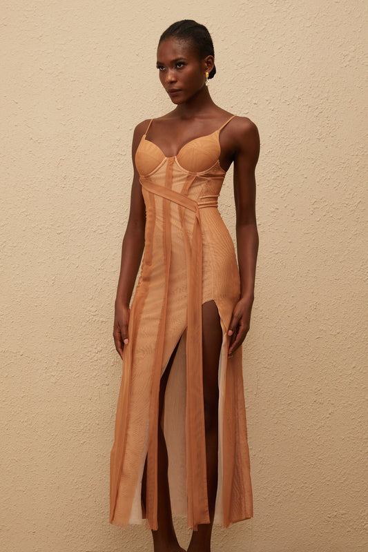 Roxane Brown Asymmetrical Tulle Maxi Dress