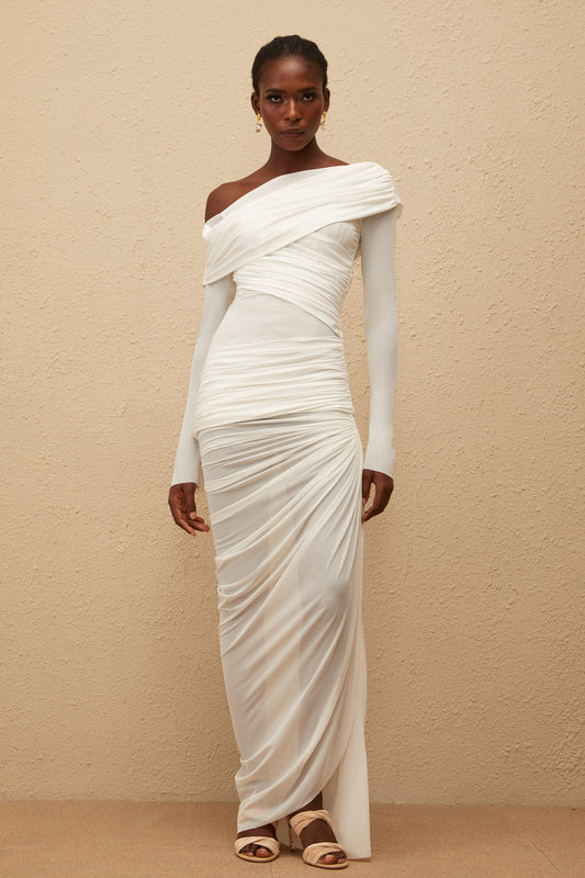 Melanie White Asymmetrical Ruched Mesh Maxi Dress