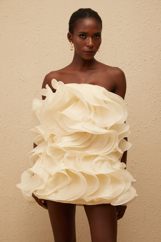 Ruby White 3D Petal Layered Mini Dress