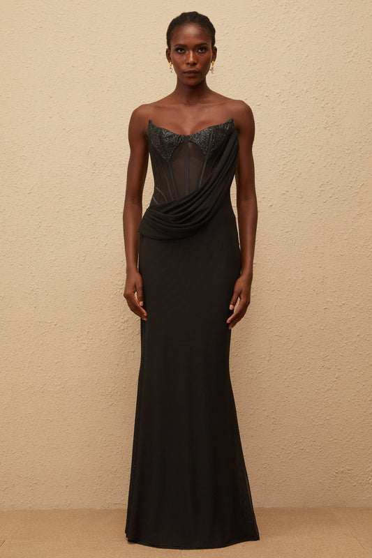 Scarlett Black Panelled Corset Maxi Dress