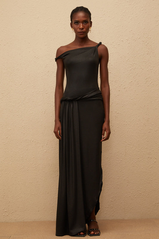 Samantha Black Asymmetrical Gathered Maxi Dress