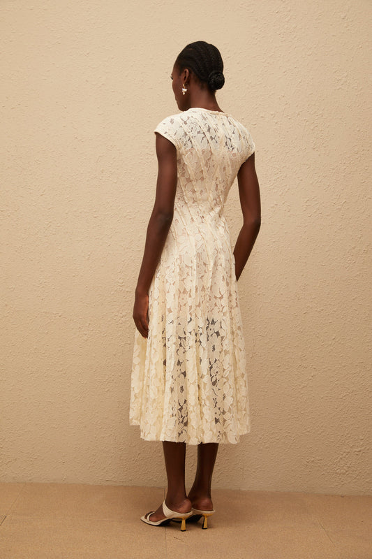 Adèle Neutral Floral Lace Midi Dress