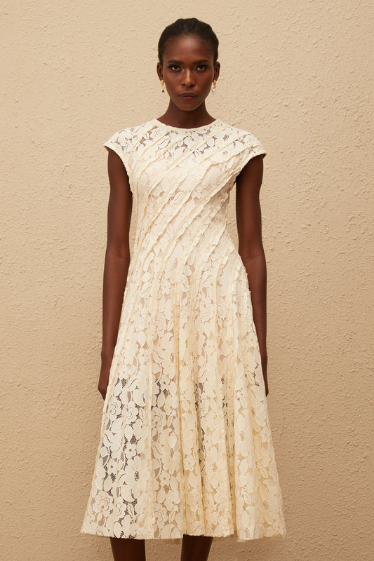 Adèle Neutral Floral Lace Midi Dress