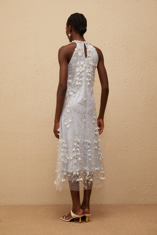 Quitterie Blue Embellished Floral Tulle Midi Dress