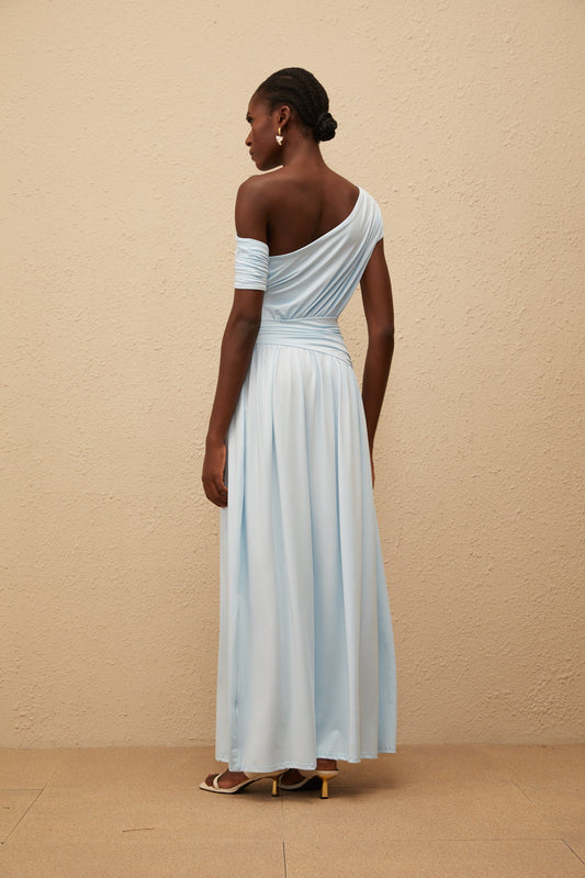 Lueur Blue One Shoulder Ruched Maxi Dress