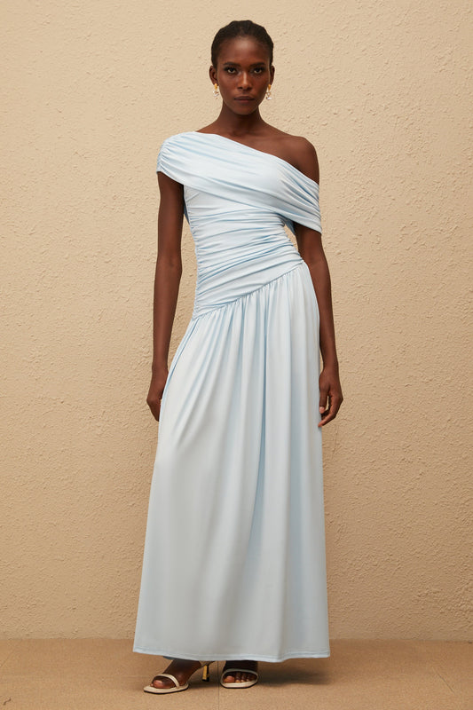 Lueur Blue One Shoulder Ruched Maxi Dress