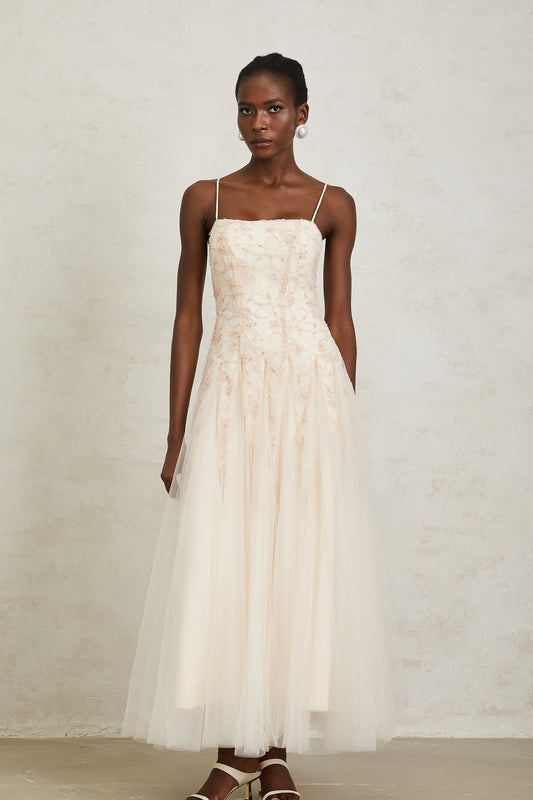 Madeline Pink Floral Embroidered Tulle Maxi Dress