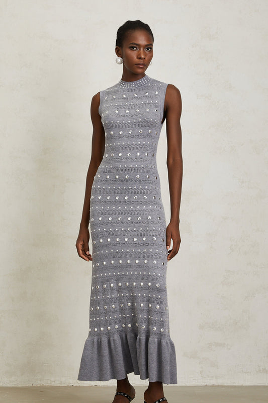 Chloé Grey Studded Crochet Knit Maxi Dress