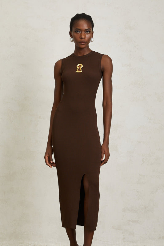 Gaëlle Brown Keyhole Ribbed Knit Midi Dress
