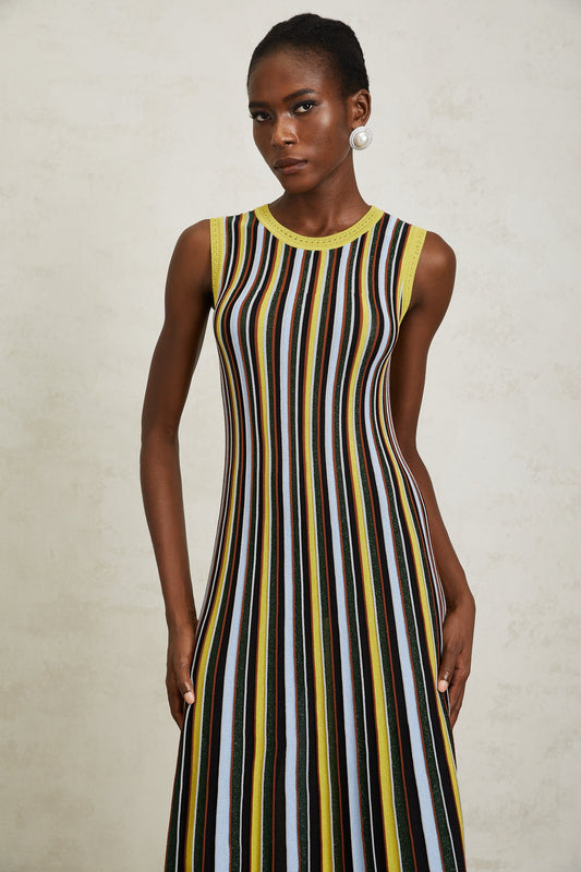 Clémence Yellow Vertical Striped Knit Midi Dress