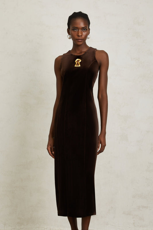 Ysandre Brown Keyhole Velvet Midi Dress