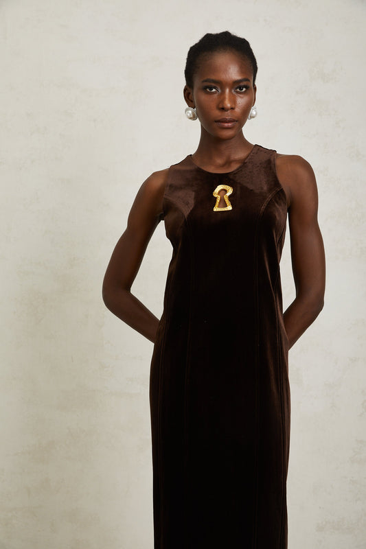 Ysandre Brown Keyhole Velvet Midi Dress