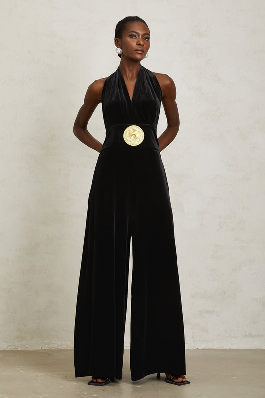 Valentine Black Halterneck Velvet Jumpsuit