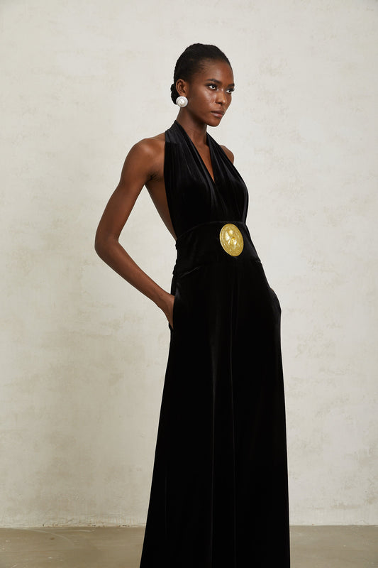 Valentine Black Halterneck Velvet Jumpsuit