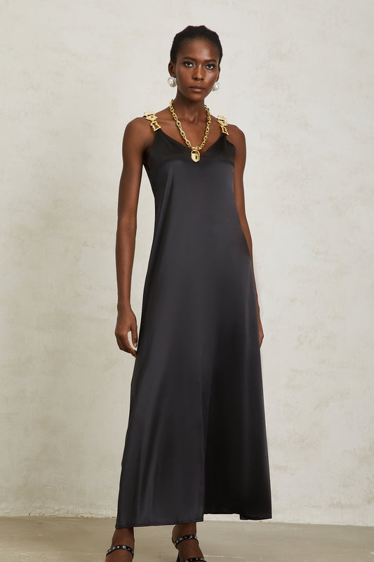 Ysandre Black Chain Detail Satin Midi Dress