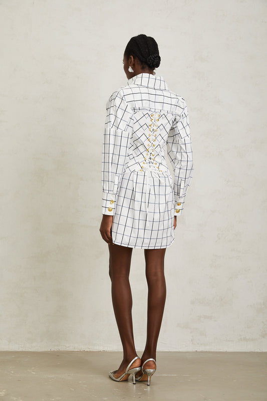 Quintina White Check Pettern Mini Shirt Dress