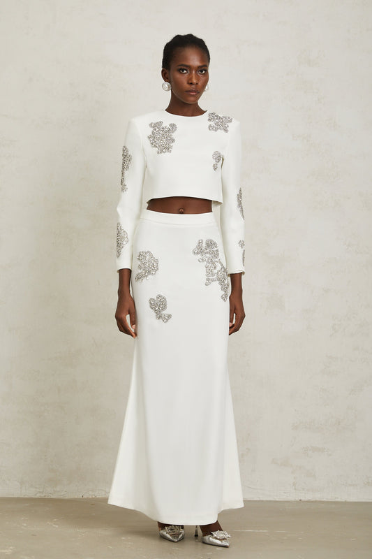 Luna White Crystal Embellished Top & Skirt Set
