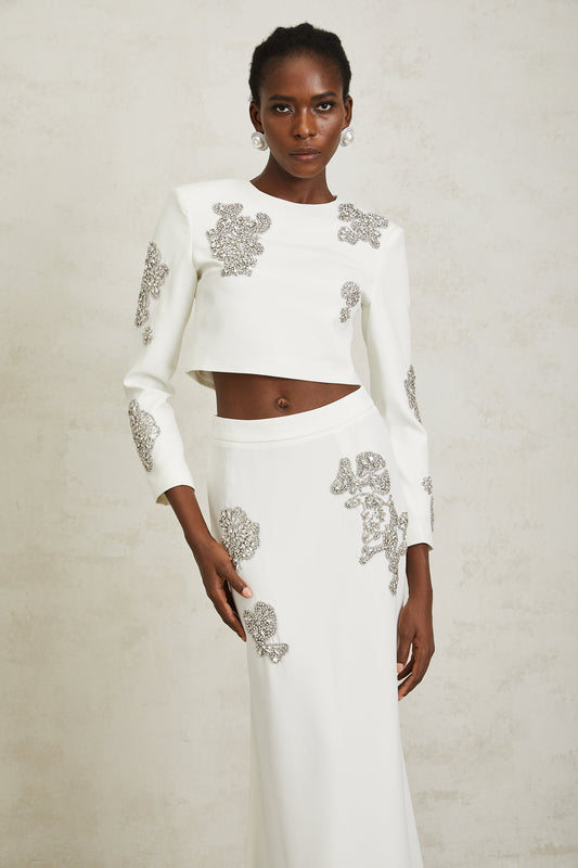 Luna White Crystal Embellished Top & Skirt Set