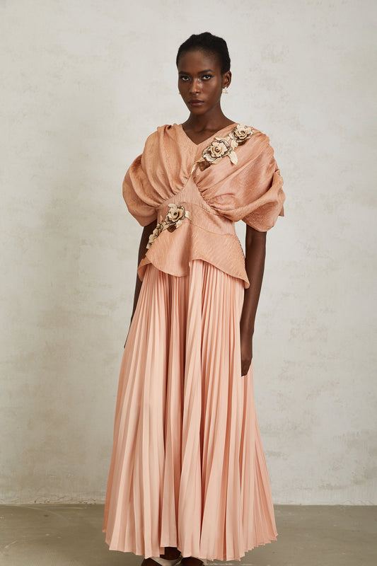 Camille Pink Floral Appliqué Pleated Maxi Dress