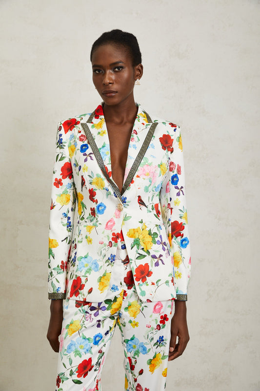 Lucía White Labyrinth Trim Floral Blazer & Trousers Set