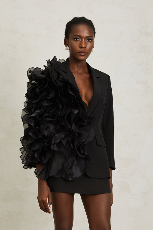 Justine Black Ruffled Tulle Panel Blazer