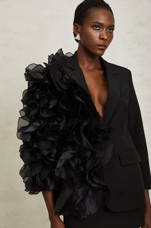 Justine Black Ruffled Tulle Panel Blazer