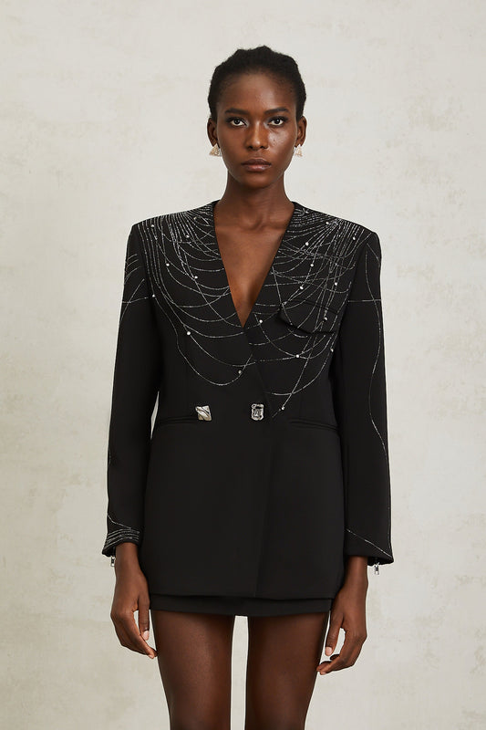 Nolwenn Black Web Pattern Rhinestone Blazer