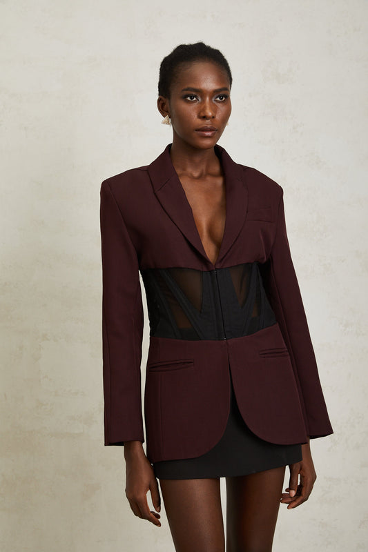 Noémie Burgundy Corset Panelled Blazer