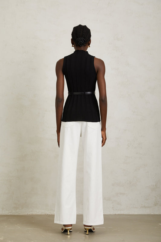 Maelle Black Belted Ribbed Knit Top
