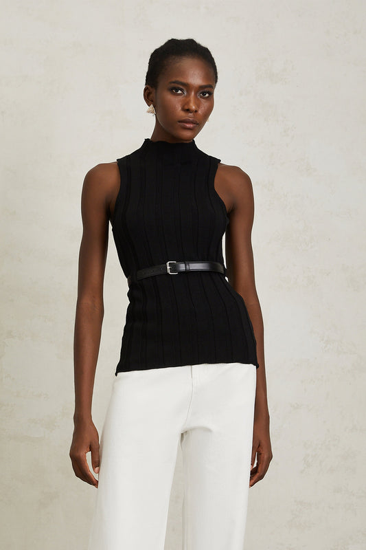 Maelle Black Belted Ribbed Knit Top