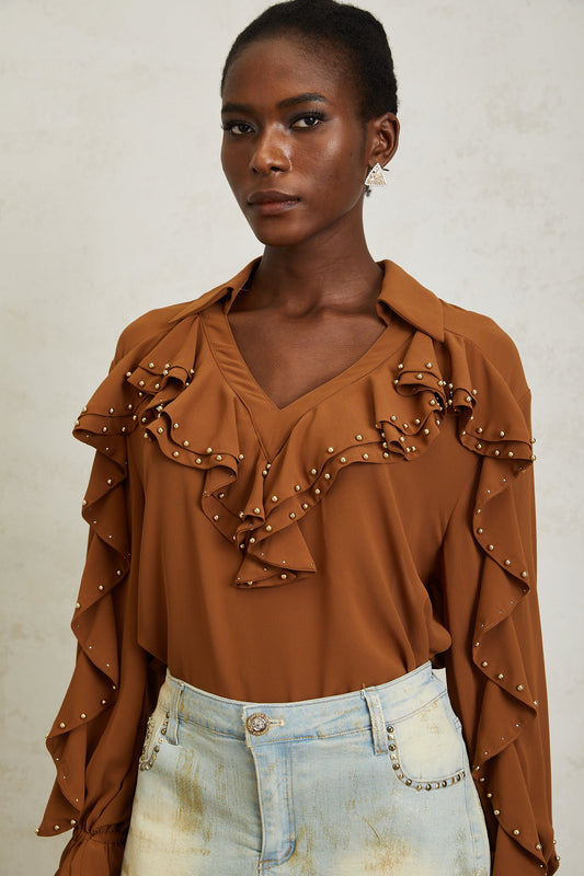 Isaline Caramel Beaded Ruffled Chiffon Blouse