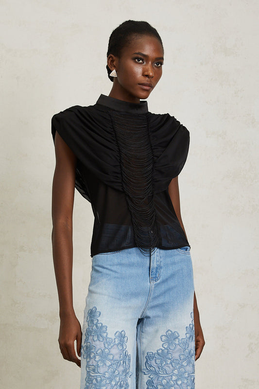 Zazie Black Fringed Ruched Tulle Top