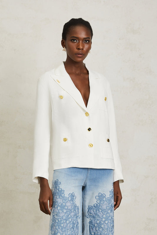 Éliane White Decorative Button Linen Blazer